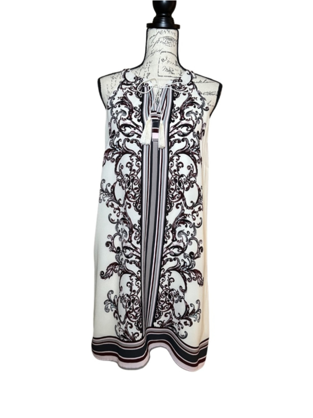 Fig and Flower Sz M Paisley & Floral Beige Sleeveless Lined Dress w Tassels